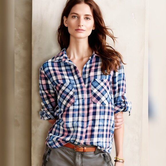 Anthro Cloth & Stone High-Low Plaid Flannel Shirt - XS - Picture 1 of 7